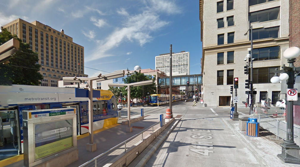 The terminus of the Green Line light rail in downtown St. Paul. Credit: Google Maps